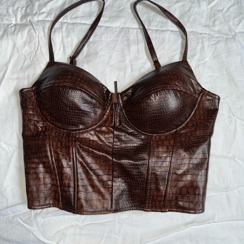 Brown Croc-Embossed Bustier Top